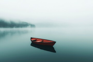 Naklejka premium Solitary Red Rowboat on a Misty Lake