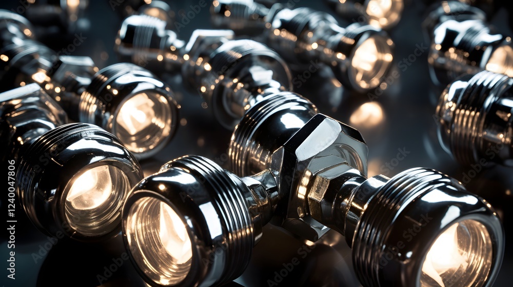 Poster close up of a set of shiny chrome plated industrial nuts arranged in a straight line and illuminated