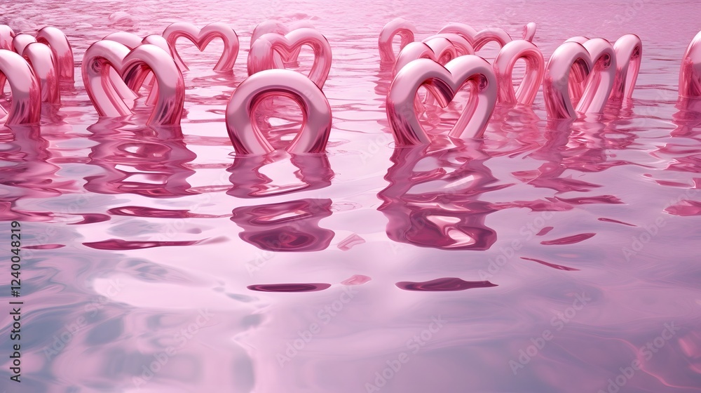 Poster partially submerged pink 3d love letters floating in a pool of water with rippling surface and refle