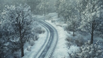 Obraz premium Snowfall aerial view of a winding road through a snow-covered forest, with tire tracks visible