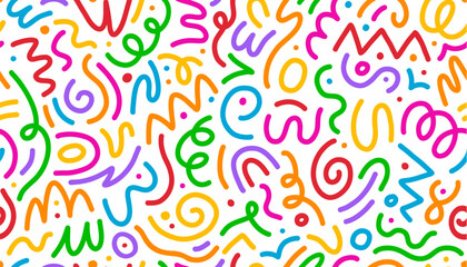 Kid color line squiggle shape seamless pattern. Vector abstract background with chaotic curves. Wallpaper, textile, wrapping paper with dynamic ornament or print exudes sense of movement and energy