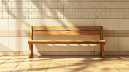 Wooden bench in sunlit tiled hallway
