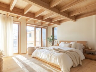 Fototapeta premium Bright Bedroom With Wooden Beams And Natural Light