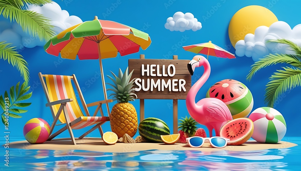 Poster hello summer beach elements 3d illustration. summer greeting card frame with colorful beach element 