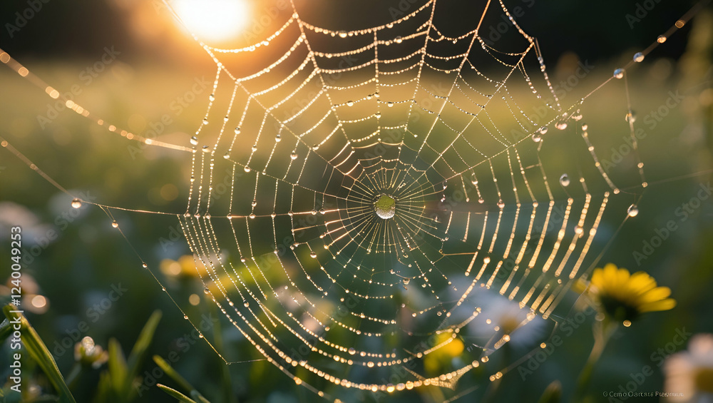 Wall mural a close-up of a delicate spider web adorned with countless tiny dewdrops