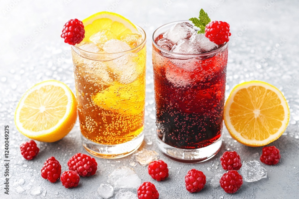 Poster Refreshing summer drinks with lemon and raspberry on a textured table top with ice cubes