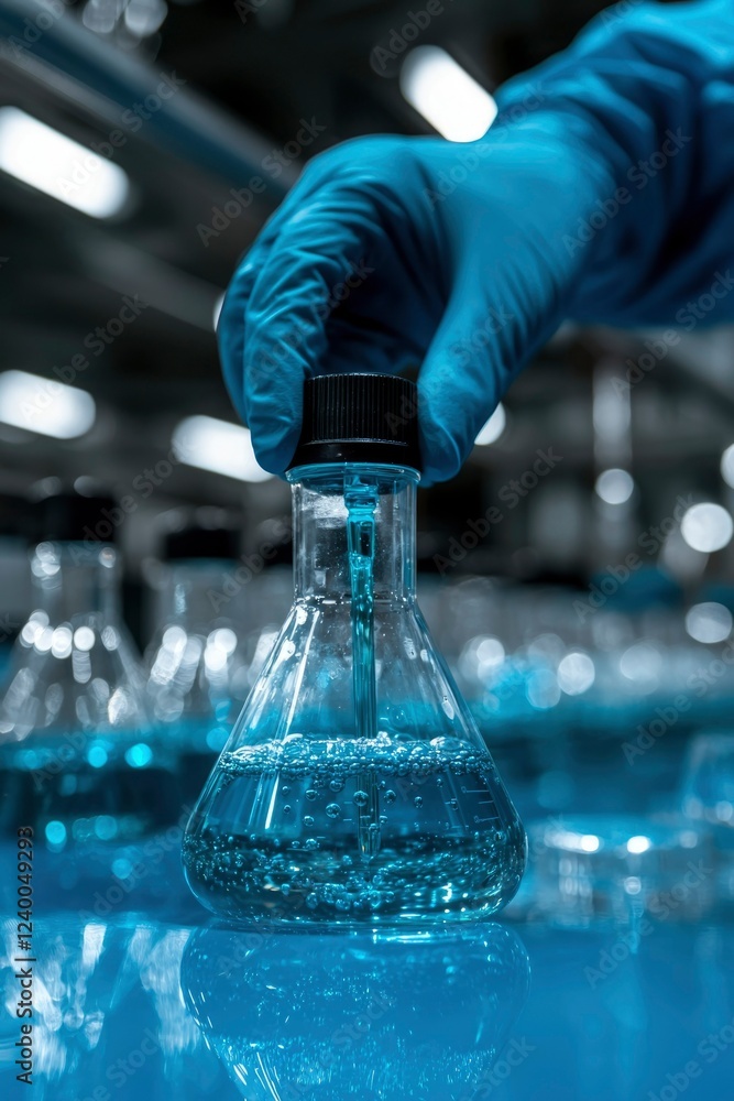 Poster gloved hand adding liquid to erlenmeyer flask in lab