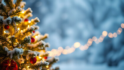 Christmas winter tree and holidays garland lights. Abstract blurred Christmas background. Widescreen backdrop. New year Winter art design, wide screen holiday border, Dreamy. isolated with white sha