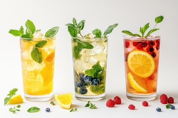 Fototapeta premium Refreshing summer drinks with fruit and mint on white background in a clean bright style