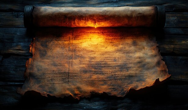 Ancient Scroll on Wooden Table Candlelight Illuminated Vintage Manuscript Parchment