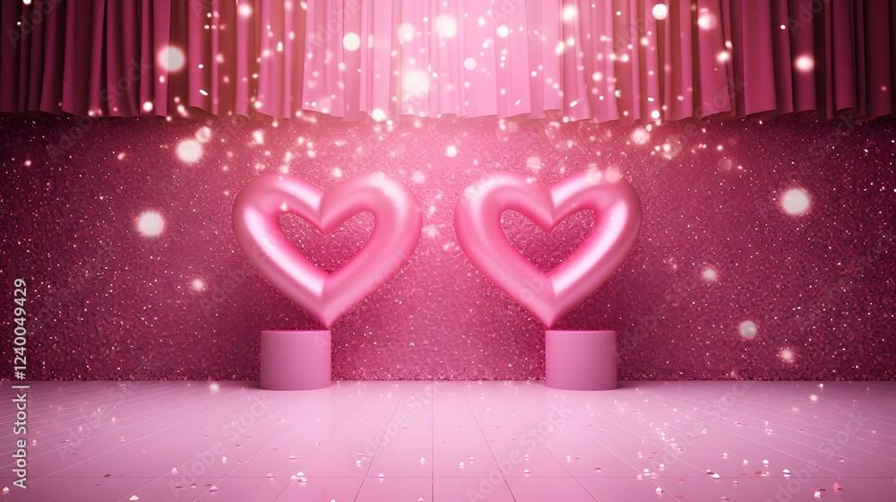 Poster enchanting 3d pink love letters floating in front of a glittering gold backdrop with shimmering spar