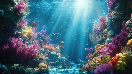 Obraz premium Vibrant Underwater Scene with Colorful Coral Reef and Light Rays