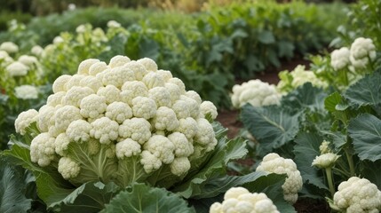 Abundant Harvest of Fresh, Organic Caulifower Heads Growing in a Lush Field