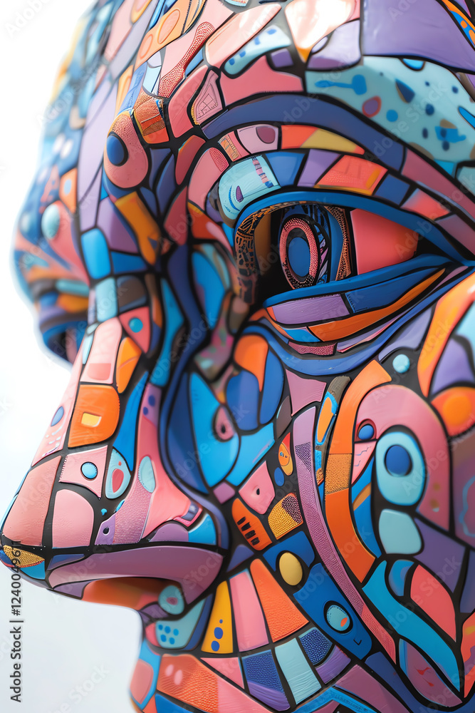 Poster merge the bold colors and patterns of street art with unconventional camera angles in a clay sculptu