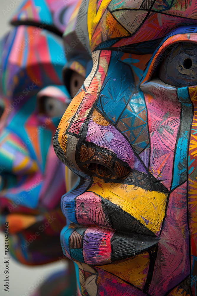 Poster merge the bold colors and patterns of street art with unconventional camera angles in a clay sculptu