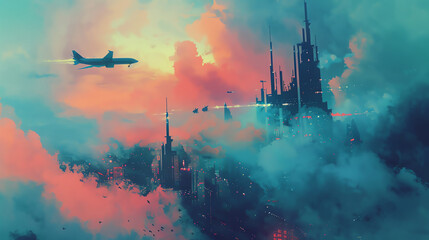 Paint a vivid traditional art piece featuring a breathtaking eye-level angle view of floating cities powered by sustainable aviation tech, illuminated by the gentle hues of dawn, using watercolors to