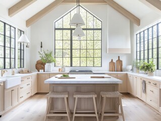 Fototapeta premium Bright Modern Kitchen Island with Large Window and Wooden Beams