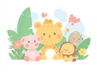Cute cartoon animals including giraffe, bear, lion, and koala surrounded by colorful plants and flowers, creating cheerful and playful scene