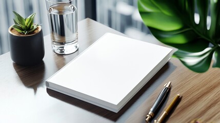 Blank notebook on wooden desk with plant and pens near window