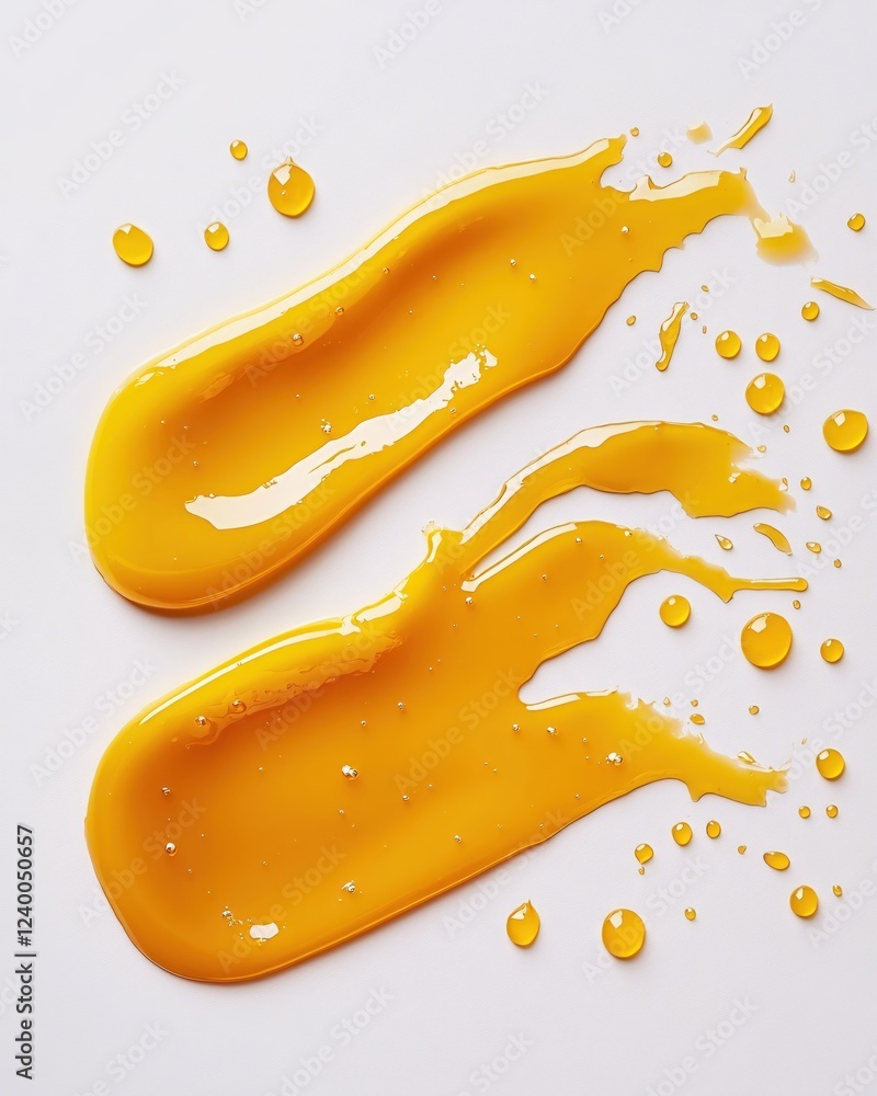 Poster golden liquid smears and droplets on a white surface creating a smooth and glossy texture
