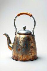 there is a tea kettle with a handle on a white surface