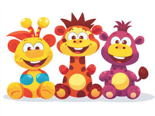 Fototapeta premium Cute cartoon animals including yellow lion, orange giraffe, and purple hippo, all smiling and sitting together. Perfect for children illustrations and playful designs
