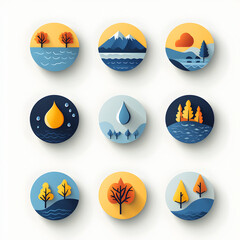 Nature Icons  Water  Trees  Mountains  Landscape  Paper Cut Style