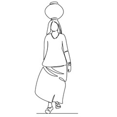 Fototapeta premium One continuous single drawing line art flat doodletraditional, india, indian, water, women, asia, sari, pot. Isolated image hand draw contour on a white background 