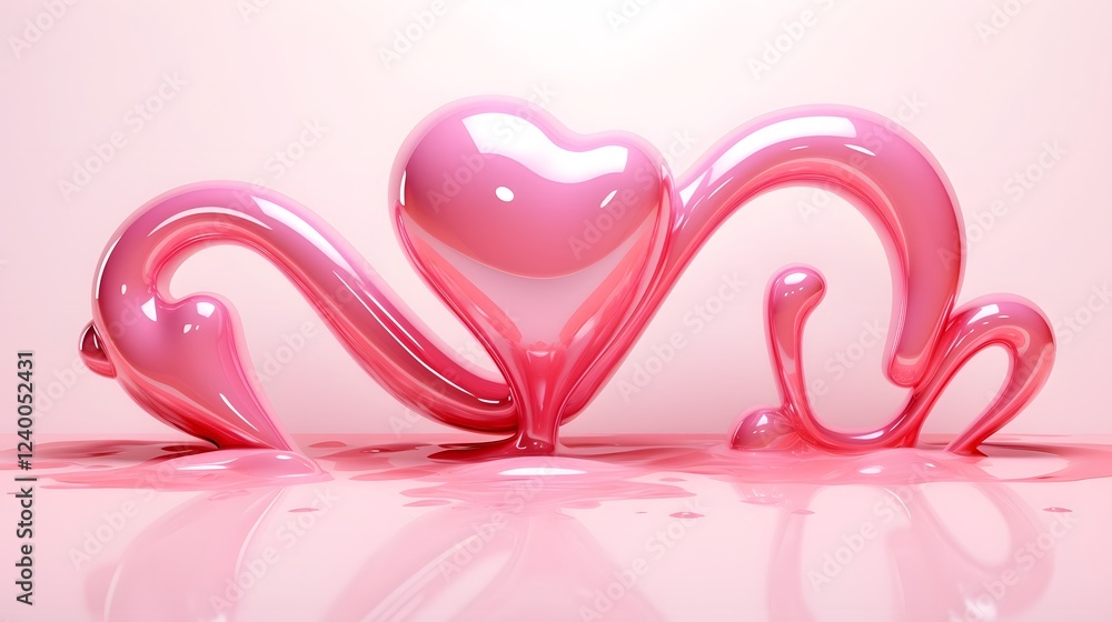 Poster 3d love text in a vibrant pink color embedded and flowing within abstract liquid and geometric shape