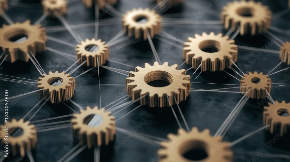 Poster interconnected gears for streamlined business operations, a visual representation of efficiency and 