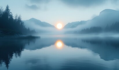 Fototapeta premium Serene Minimalist Twilight Landscape Reflection with Soft Blue Silver Light and Gentle Mist