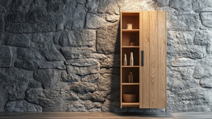 Modern wooden cabinet against stone wall, interior design