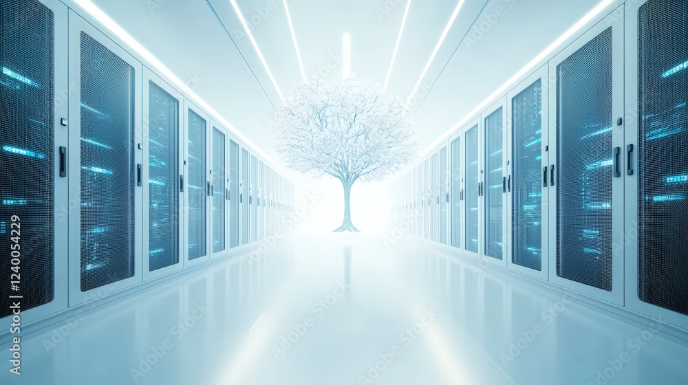 Poster serene data center with luminous tree at center