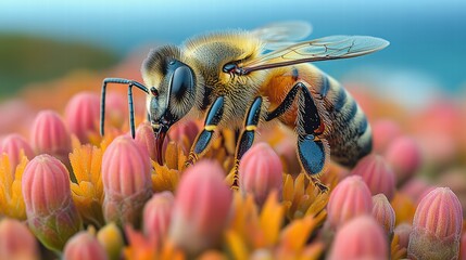 A close up view of a bee collecting nectar from flower