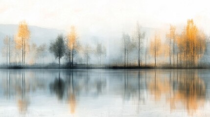 Obraz premium Misty Lake Autumn Landscape with Golden Trees