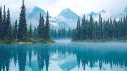 Misty Mountain Lake with Coniferous Forest Reflection