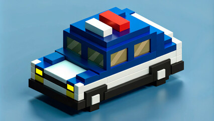 Pixel Art Style Police Car Made Of Blocks On A Blue Background, 3D Rendered, Suitable For Law Enforcement, Security, Crime Prevention, Digital Art, Game Design, Advertising, Copy Space.