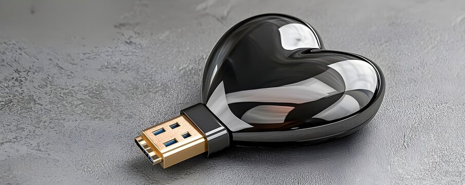 Heart-Shaped USB Drive on a Gray Background for Technology Concept