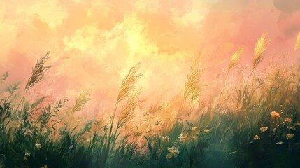 Sunset Grass Field Landscape Painting