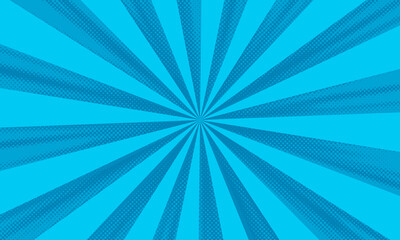 Abstract background comic cartoon blue zoom lines with halftone pattern.