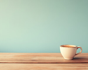 Serene Morning Coffee Cup on Wooden Table with Minimalist Background for Relaxation and Lifestyle Concepts