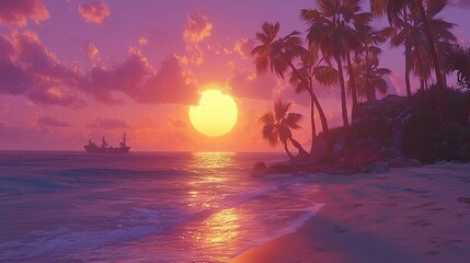 Vibrant Sunset over Tropical Beach: Palm Trees, Ocean, and a Distant Ship at Golden Hour