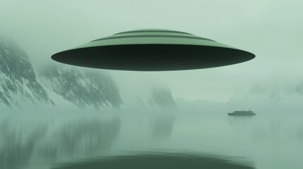 Obraz premium A mysterious, disc-shaped object hovers over a tranquil, misty landscape, a ship visible in the distance.