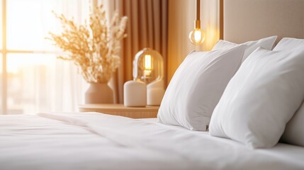 Soft sunlight streaming across elegant hotel bedroom, highlighting crisp white bedding, pristine king bed with plush pillows, conveying luxurious hospitality ambiance