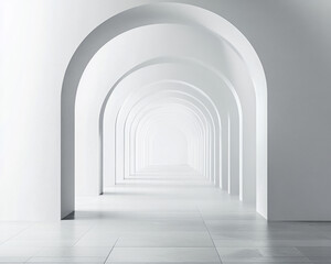 Obraz premium Modern Minimalist Architectural Corridor with White Arched Ceilings and Geometric Tile Floor in a Symmetrical Design, Perfect for Contemporary Interior Design Concepts.