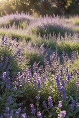 Serene Sunset Illumination on a Lavender Field, a Tranquil and Peaceful Natural Scene