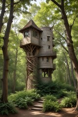 Enchanted Wooden Tower Home Nestled Amongst Lush Greenery, a Serene Woodland Retreat