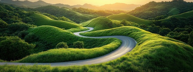 Winding Road Through Green Hills and Rocky Cliffs at Sunrise in Golden Light