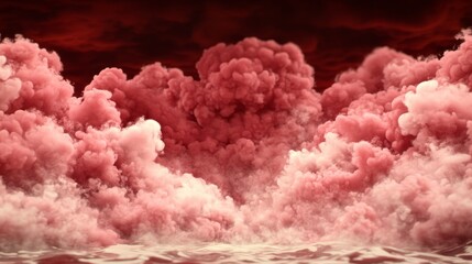 Surreal pink smoke billows over a dark, still body of water. An ethereal and dreamy scene.