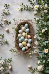 Obraz premium Pastel Easter Eggs Nestled in a Bird's Nest Adorned with Delicate Spring Blossoms